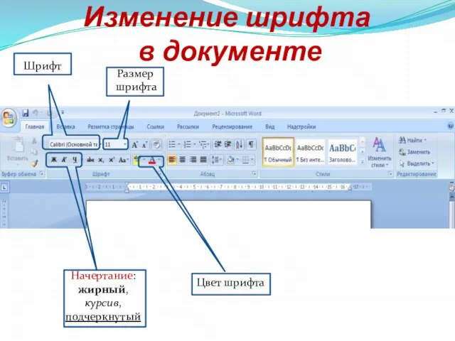 Изменение шрифта в документе Шрифт Начертание: жирный, курсив, подчеркнутый Размер шрифта Цвет шрифта