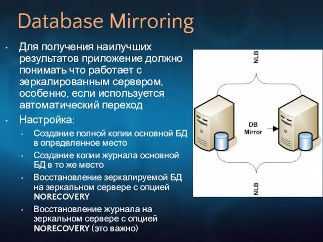 Database Mirroring Для получения наилучших результатов приложение должно понимать что работает с