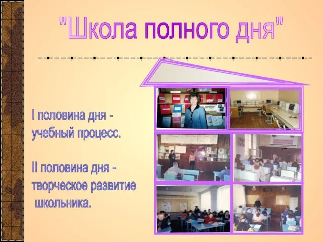 "Школа полного дня" I половина дня - учебный процесс. II половина дня - творческое развитие школьника.