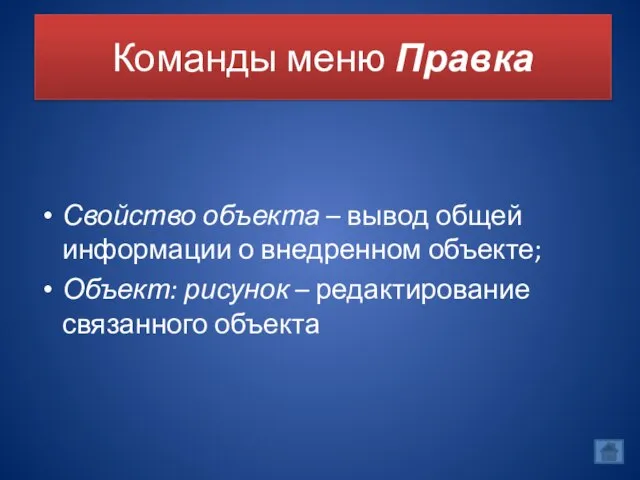 Команды меню Правка Свойство объекта – вывод общей информации о внедренном объекте;