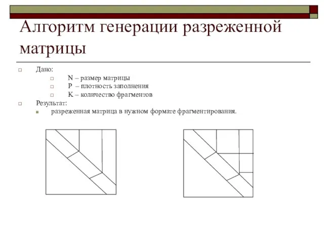 Алгоритм генерации разреженной матрицы Дано: N – размер матрицы P – плотность