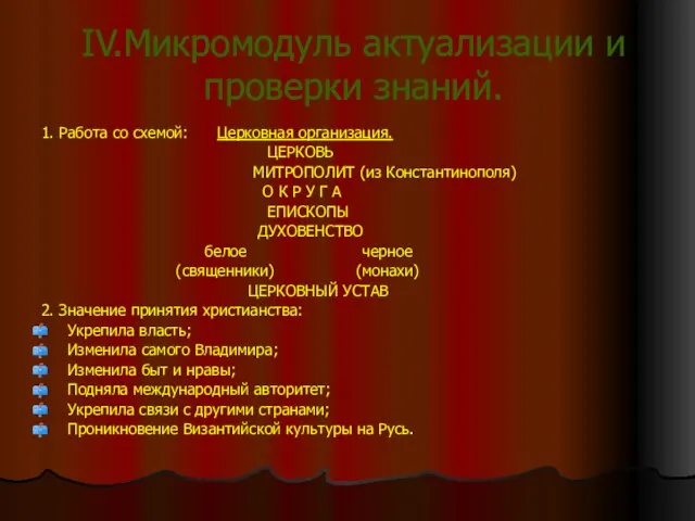 IV.Микромодуль актуализации и проверки знаний. 1. Работа со схемой: Церковная организация. ЦЕРКОВЬ