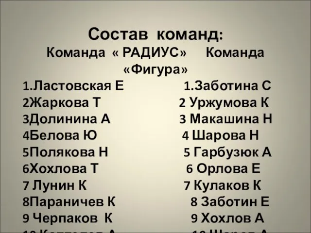 Состав команд: Команда « РАДИУС» Команда «Фигура» 1.Ластовская Е 1.Заботина С 2Жаркова