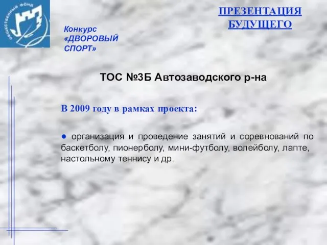 ПРЕЗЕНТАЦИЯ БУДУЩЕГО В 2009 году в рамках проекта: ● организация и проведение