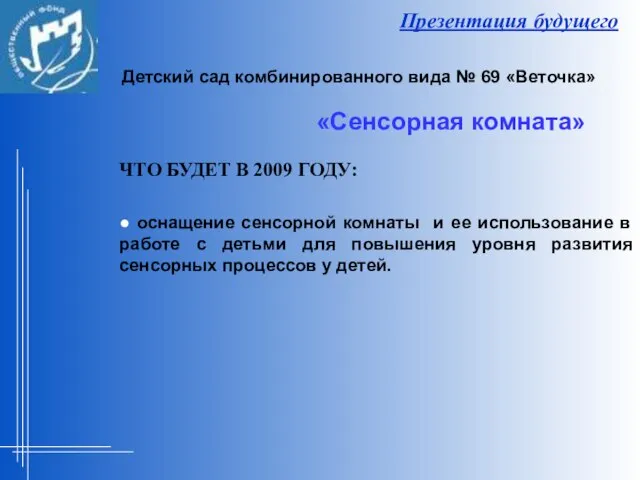 Презентация будущего ЧТО БУДЕТ В 2009 ГОДУ: ● оснащение сенсорной комнаты и