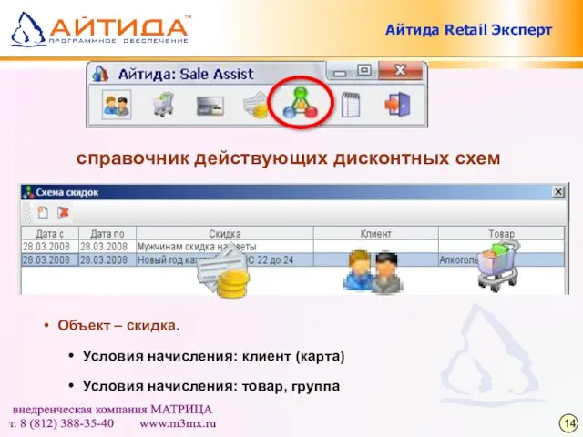 справочник действующих дисконтных схем Объект – скидка. Условия начисления: клиент (карта) Условия