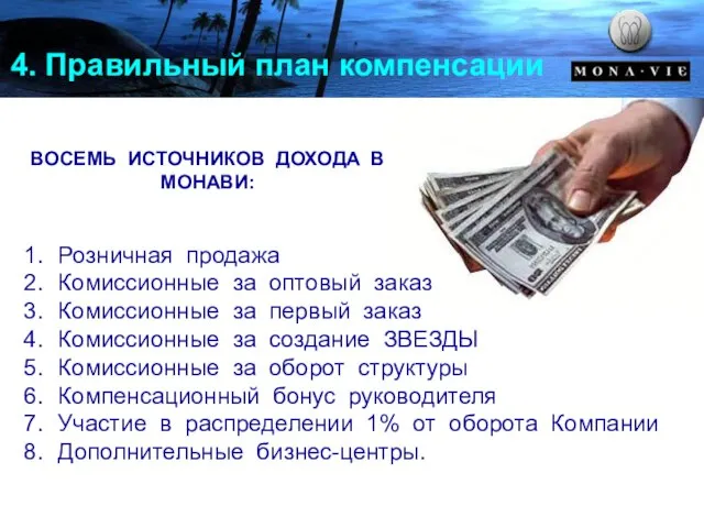 4. Правильный план компенсации ВОСЕМЬ ИСТОЧНИКОВ ДОХОДА В МОНАВИ: Розничная продажа Комиссионные