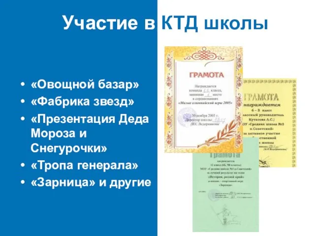 Участие в КТД школы «Овощной базар» «Фабрика звезд» «Презентация Деда Мороза и