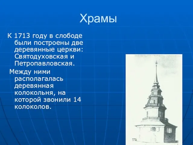 Храмы К 1713 году в слободе были построены две деревянные церкви: Святодуховская