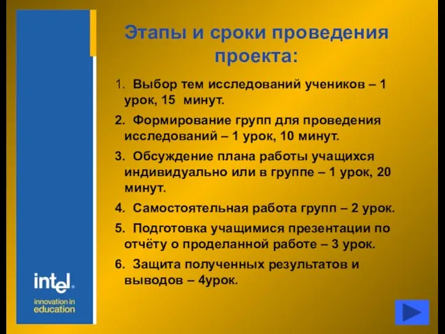 Этапы и сроки проведения проекта: 1. Выбор тем исследований учеников – 1