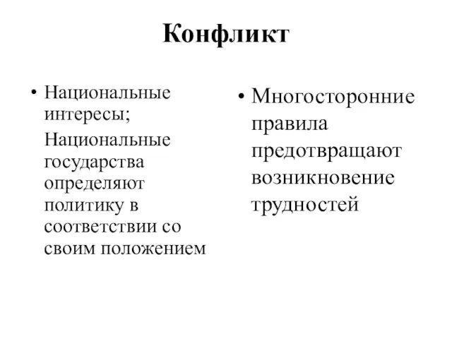 Конфликт Национальные интересы; Национальные государства определяют политику в соответствии со своим положением