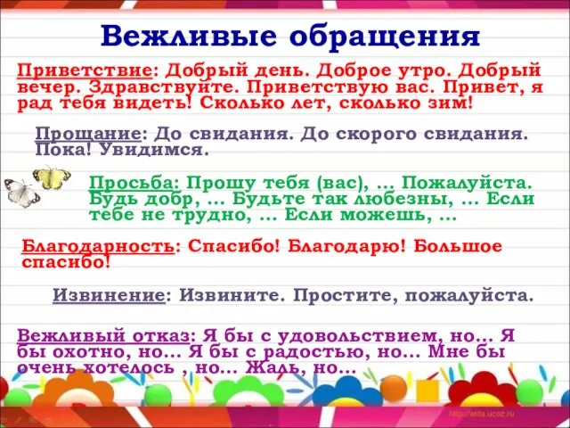 Вежливые обращения Приветствие: Добрый день. Доброе утро. Добрый вечер. Здравствуйте. Приветствую вас.