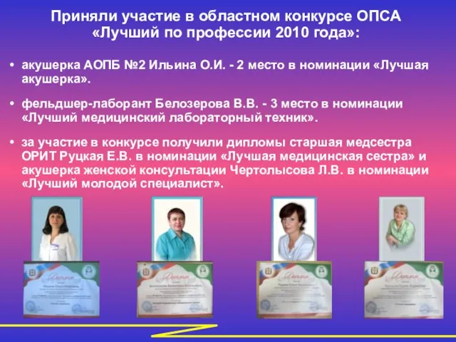 Приняли участие в областном конкурсе ОПСА «Лучший по профессии 2010 года»: акушерка