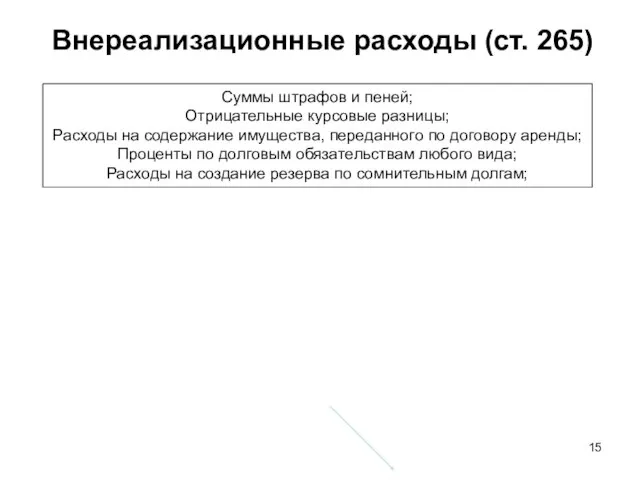 Внереализационные расходы (ст. 265) Суммы штрафов и пеней; Отрицательные курсовые разницы; Расходы