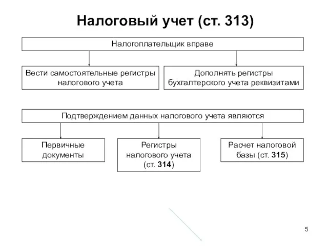 Налоговый учет (ст. 313) Вести самостоятельные регистры налогового учета Налогоплательщик вправе Первичные