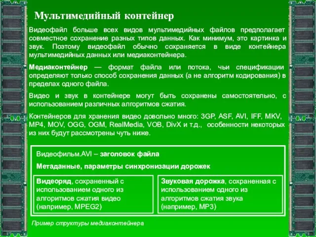 Мультимедийный контейнер Видеофайл больше всех видов мультимедийных файлов предполагает совместное сохранение разных