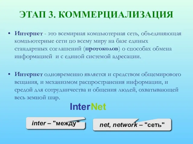 ЭТАП 3. КОММЕРЦИАЛИЗАЦИЯ Интернет - это всемирная компьютерная сеть, объединяющая компьютерные сети
