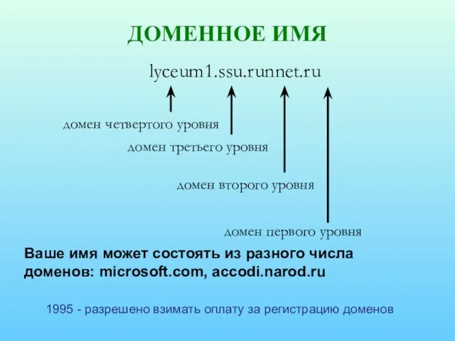 ДОМЕННОЕ ИМЯ lyceum1.ssu.runnet.ru домен первого уровня домен второго уровня домен третьего уровня