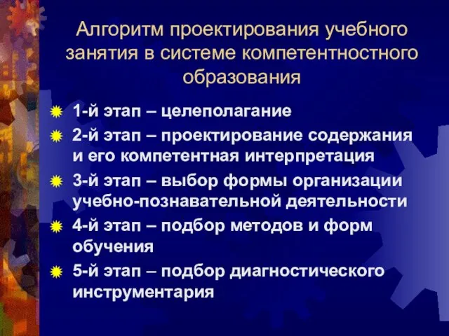 Алгоритм проектирования учебного занятия в системе компетентностного образования 1-й этап – целеполагание