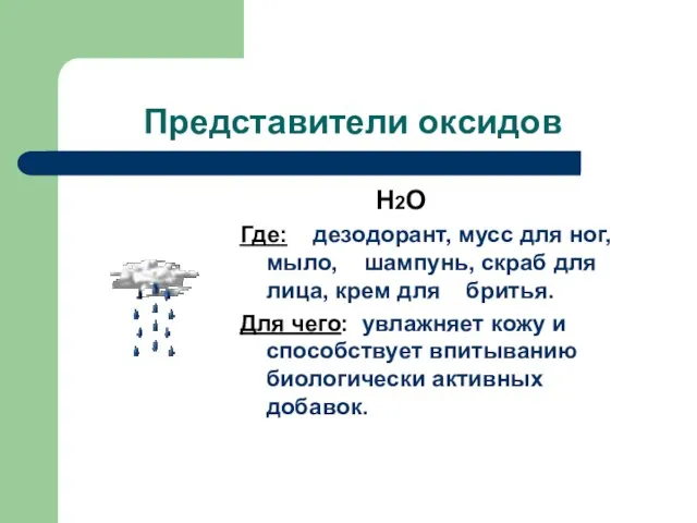 Представители оксидов H2O Где: дезодорант, мусс для ног, мыло, шампунь, скраб для