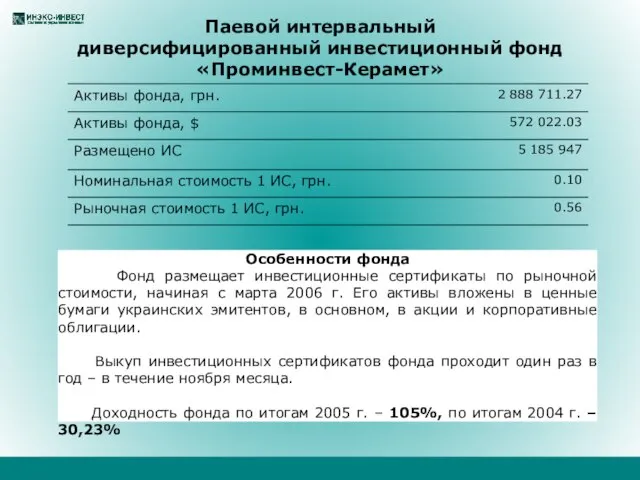 Паевой интервальный диверсифицированный инвестиционный фонд «Проминвест-Керамет» Особенности фонда Фонд размещает инвестиционные сертификаты