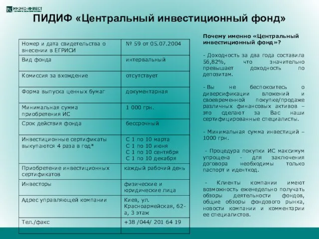 ПИДИФ «Центральный инвестиционный фонд» Почему именно «Центральный инвестиционный фонд»? - Доходность за