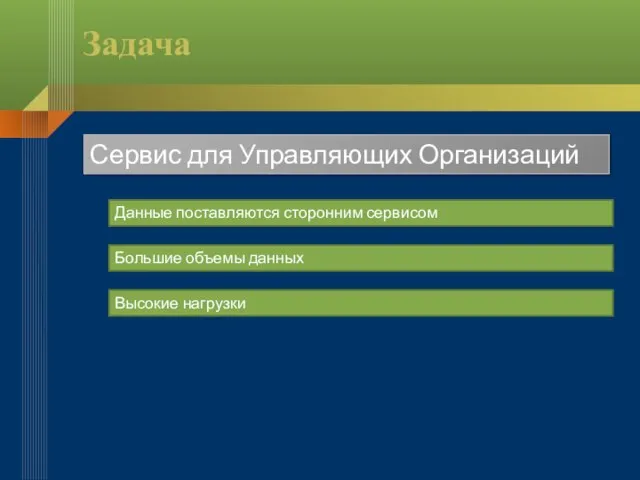 Задача Данные поставляются сторонним сервисом Большие объемы данных Сервис для Управляющих Организаций Высокие нагрузки