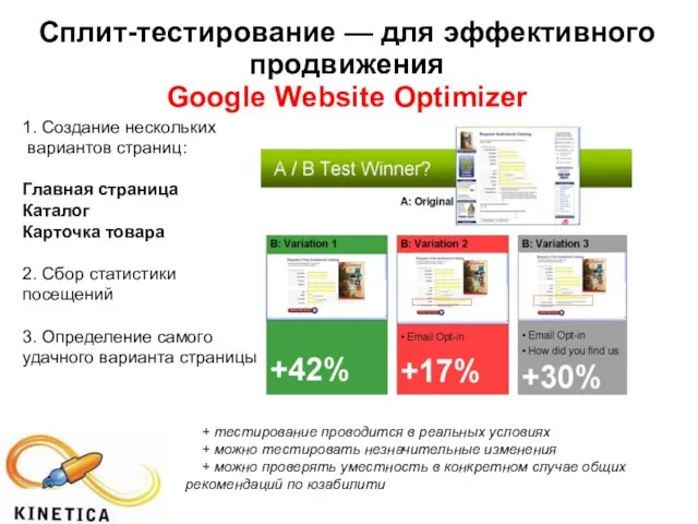 Сплит-тестирование — для эффективного продвижения Google Website Optimizer 1. Создание нескольких вариантов