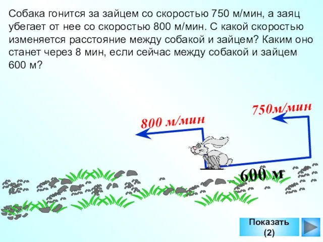 Показать (2) 600 м 800 м/мин 750м/мин Собака гонится за зайцем со