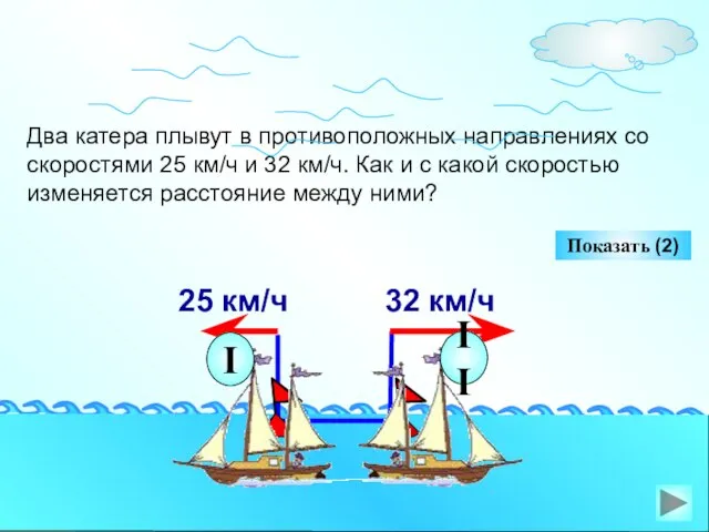 Два катера плывут в противоположных направлениях со скоростями 25 км/ч и 32
