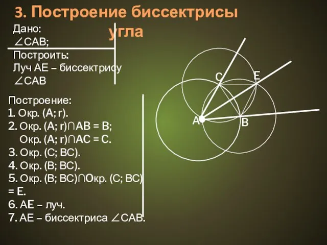 3. Построение биссектрисы угла Дано: ∠САВ; Построить: Луч АЕ – биссектрису ∠САВ