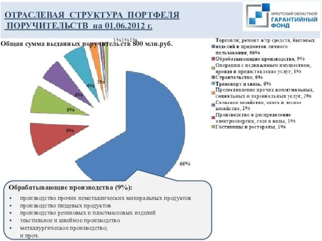 Общая сумма выданных поручительств 800 млн.руб. Обрабатывающие производства (9%): производство прочих неметаллических