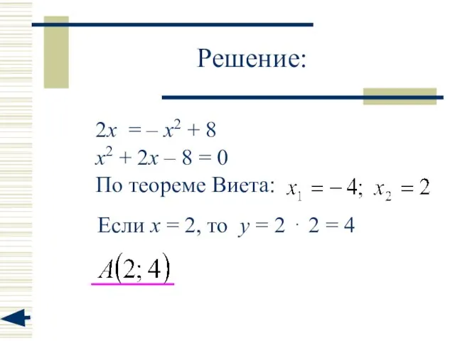 Решение: 2x = – x2 + 8 x2 + 2x – 8