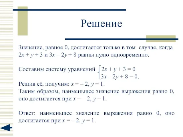 Решение Значение, равное 0, достигается только в том случае, когда 2x +