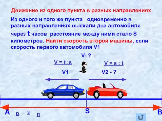 Движение из одного пункта в разных направлениях V1 V2 - ? V-