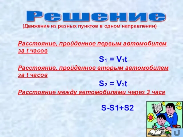 Решение (Движение из разных пунктов в одном направлении) Расстояние, пройденное первым автомобилем