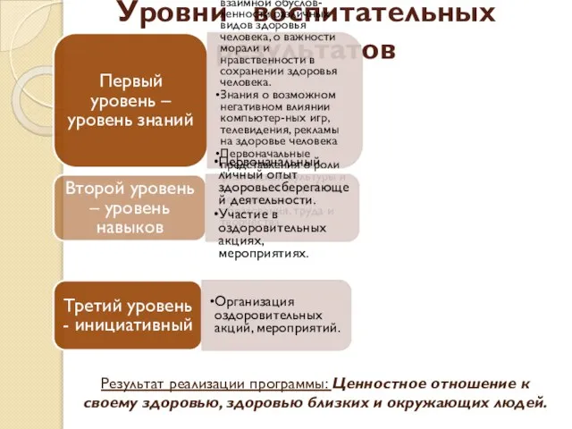 Уровни воспитательных результатов Первый уровень – уровень знаний Элементарные представления о взаимной