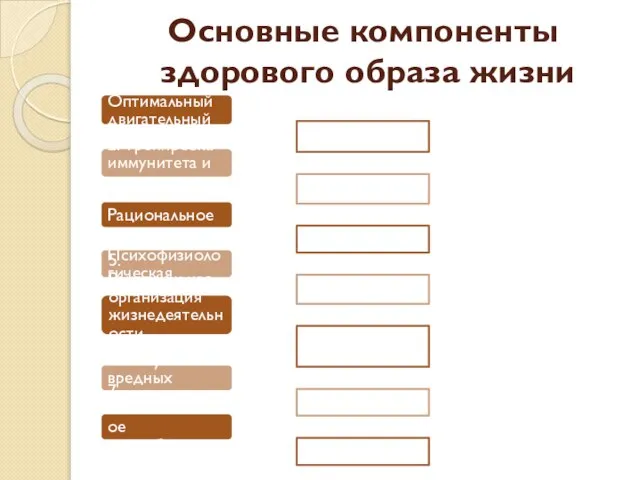 Основные компоненты здорового образа жизни 1. Оптимальный двигательный режим 2. Тренировка иммунитета