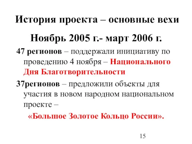 История проекта – основные вехи Ноябрь 2005 г.- март 2006 г. 47
