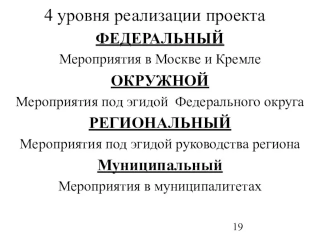 4 уровня реализации проекта ФЕДЕРАЛЬНЫЙ Мероприятия в Москве и Кремле ОКРУЖНОЙ Мероприятия