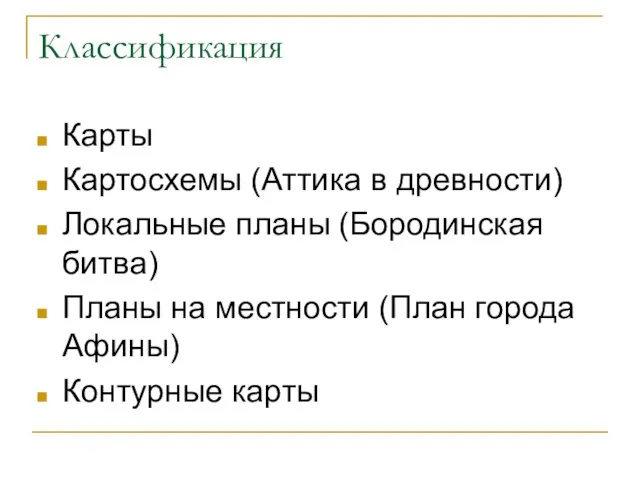 Классификация Карты Картосхемы (Аттика в древности) Локальные планы (Бородинская битва) Планы на