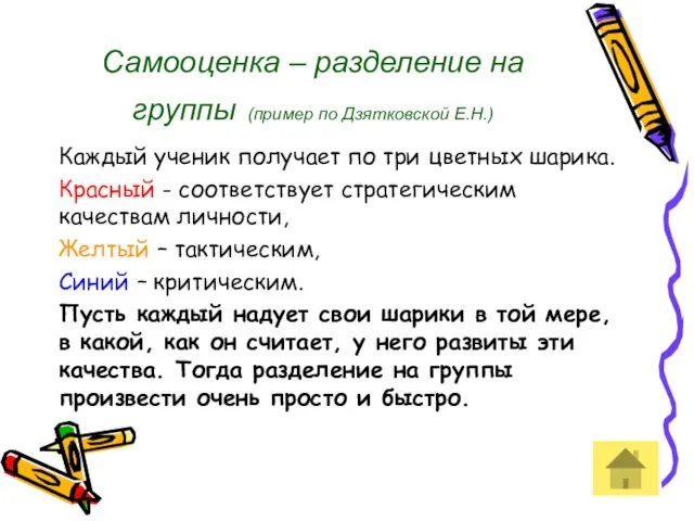 Самооценка – разделение на группы (пример по Дзятковской Е.Н.) Каждый ученик получает