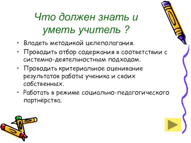 Что должен знать и уметь учитель ? Владеть методикой целеполагания. Проводить отбор