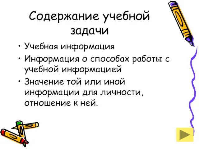 Содержание учебной задачи Учебная информация Информация о способах работы с учебной информацией