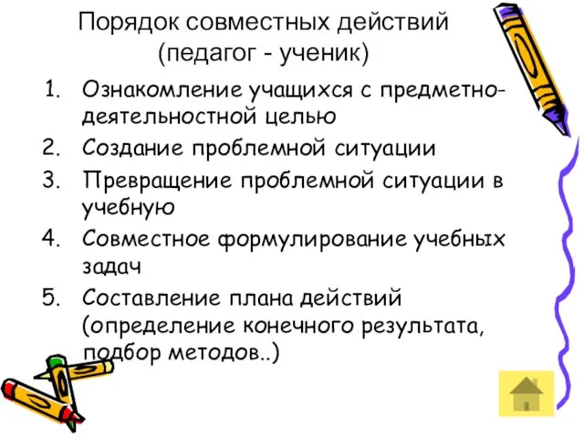 Порядок совместных действий (педагог - ученик) Ознакомление учащихся с предметно-деятельностной целью Создание