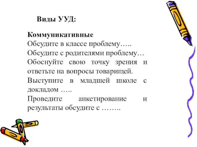 Виды УУД: Коммуникативные Обсудите в классе проблему….. Обсудите с родителями проблему… Обоснуйте