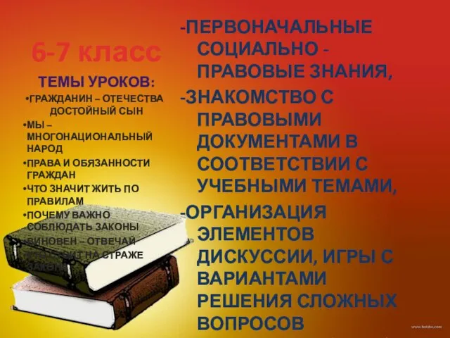 6-7 класс -ПЕРВОНАЧАЛЬНЫЕ СОЦИАЛЬНО - ПРАВОВЫЕ ЗНАНИЯ, -ЗНАКОМСТВО С ПРАВОВЫМИ ДОКУМЕНТАМИ В