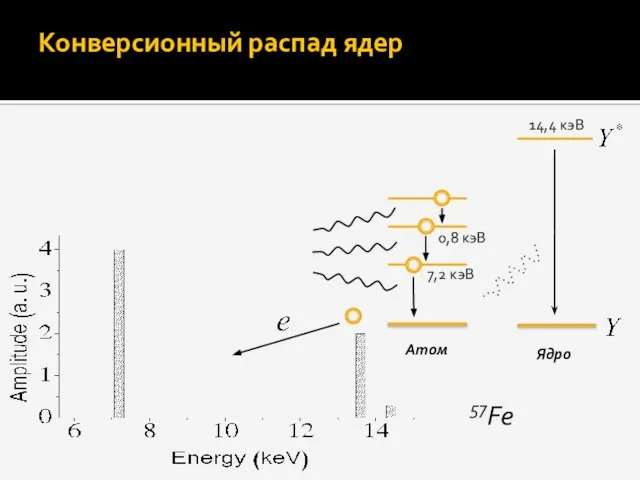 Конверсионный распад ядер Атом Ядро 14,4 кэВ 7,2 кэВ 0,8 кэВ 57Fe