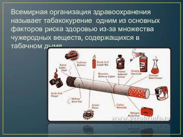 Всемирная организация здравоохранения называет табакокурение одним из основных факторов риска здоровью из-за