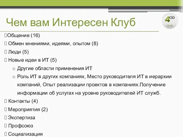 Чем вам Интересен Клуб Общение (16) Обмен мнениями, идеями, опытом (8) Люди